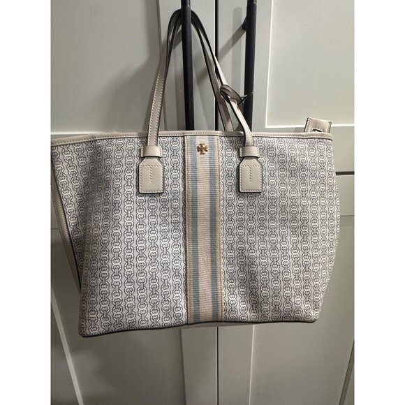Tory Burch Gemini Link Canvas Tote Bag Beige & Blue Pattern - Picture 1 of 12